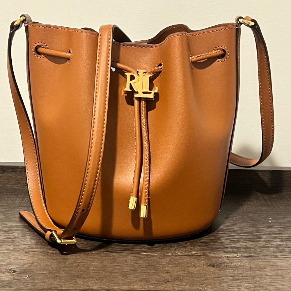 Ralph Lauren Cognac Leather Drawstring Bucket Tote with Gold RL Charm